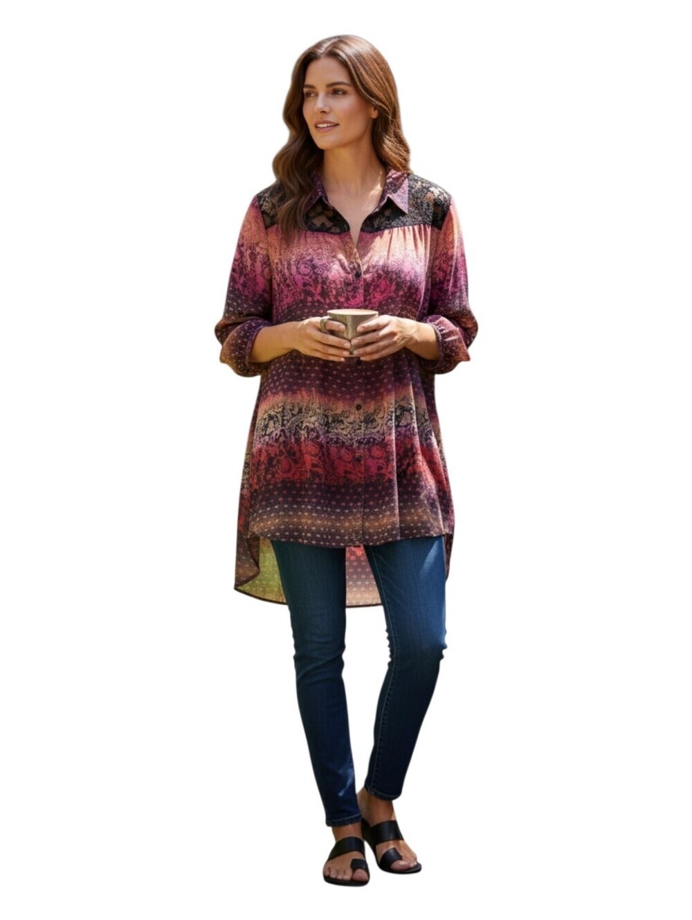 Fig And Flower Womens Moody Eclectic Ombre Print Lace Chiffon Tunic Blouse 2XL